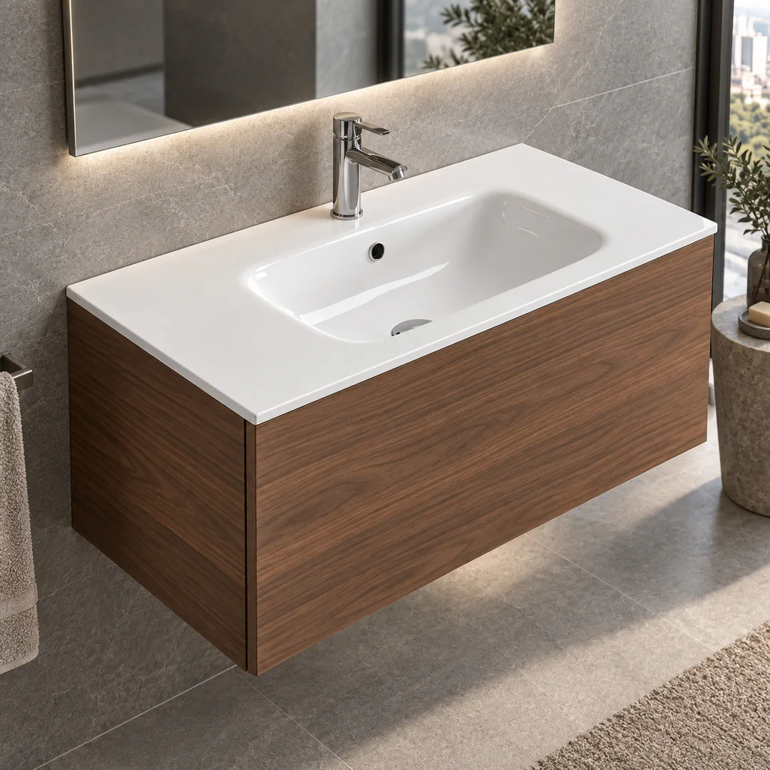 Lavabo consolle in Mineralguss – Arbi Thin 86 – Mineralmarmo Bianco - Ambientata