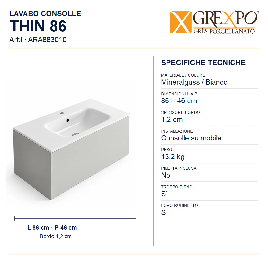 Lavabo consolle in Mineralguss – Arbi Thin 86 – Mineralmarmo Bianco - Misure