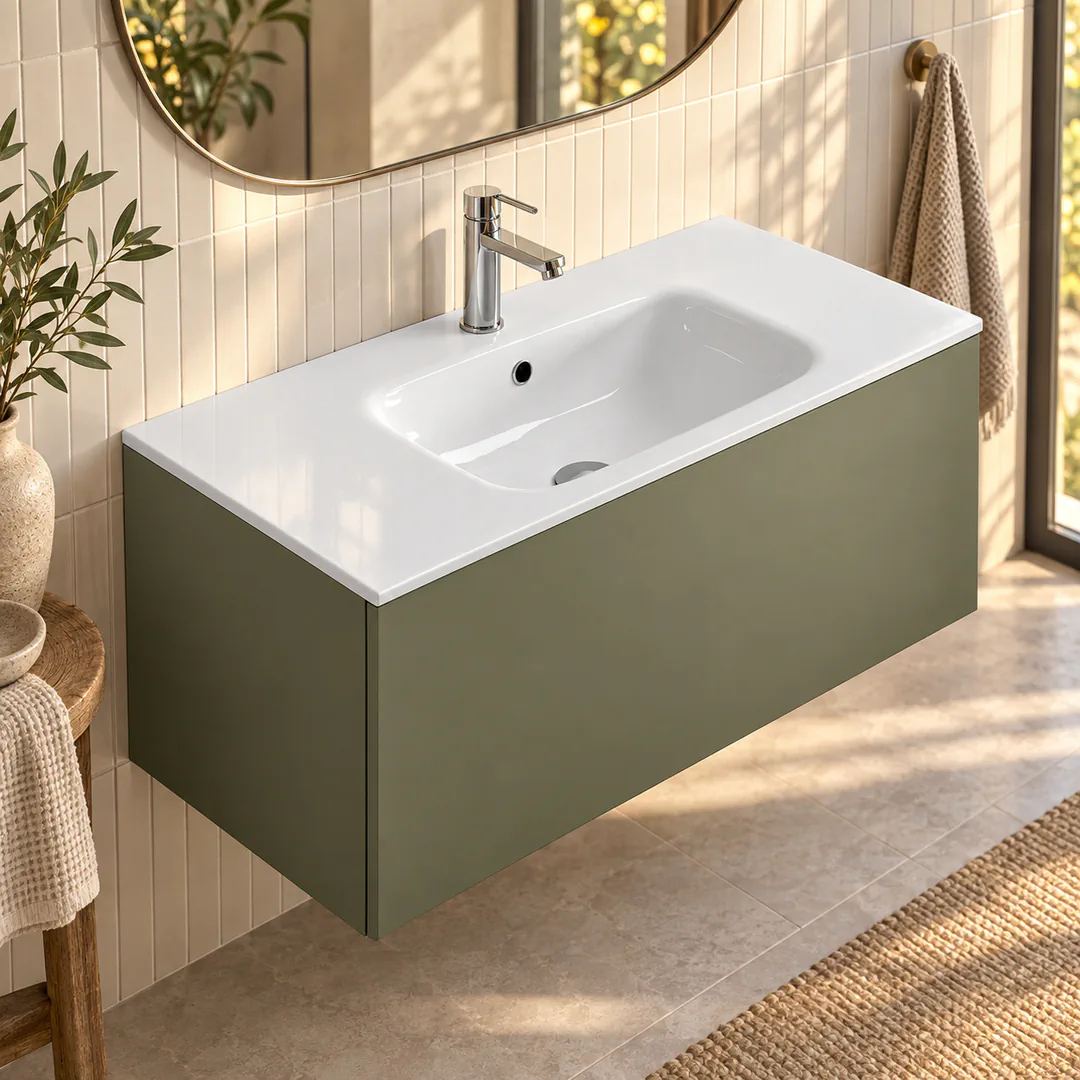 Lavabo consolle in Mineralguss – Arbi Thin 96 – Mineralmarmo Bianco - Ambientata