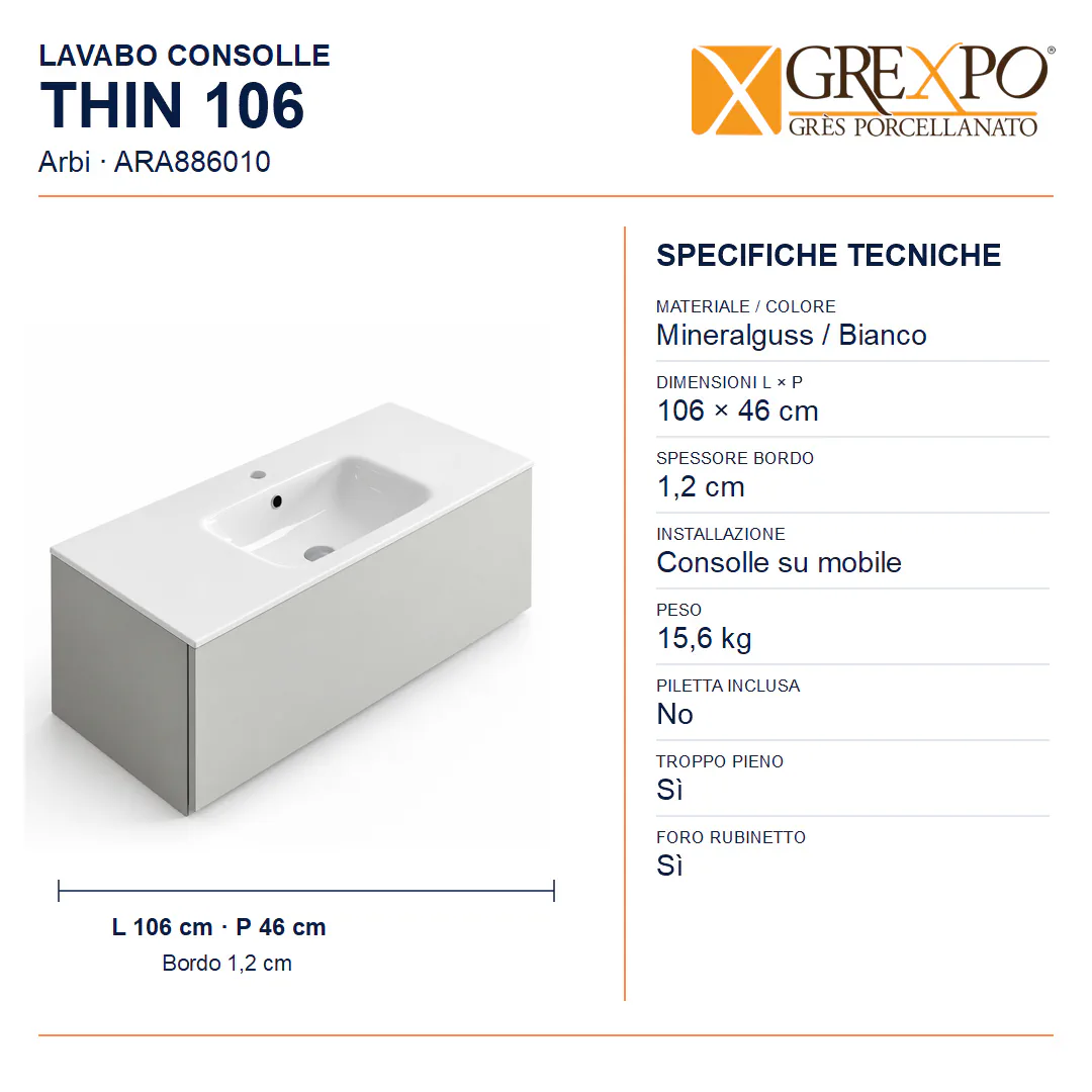 Lavabo consolle in Mineralguss – Arbi Thin 106 – Mineralmarmo Bianco - Misure
