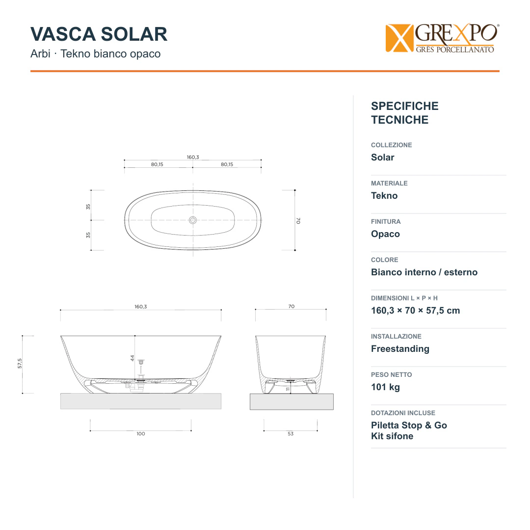 Vasca freestanding Arbi Solar 160,3 × 70 cm in Tekno bianco opaco