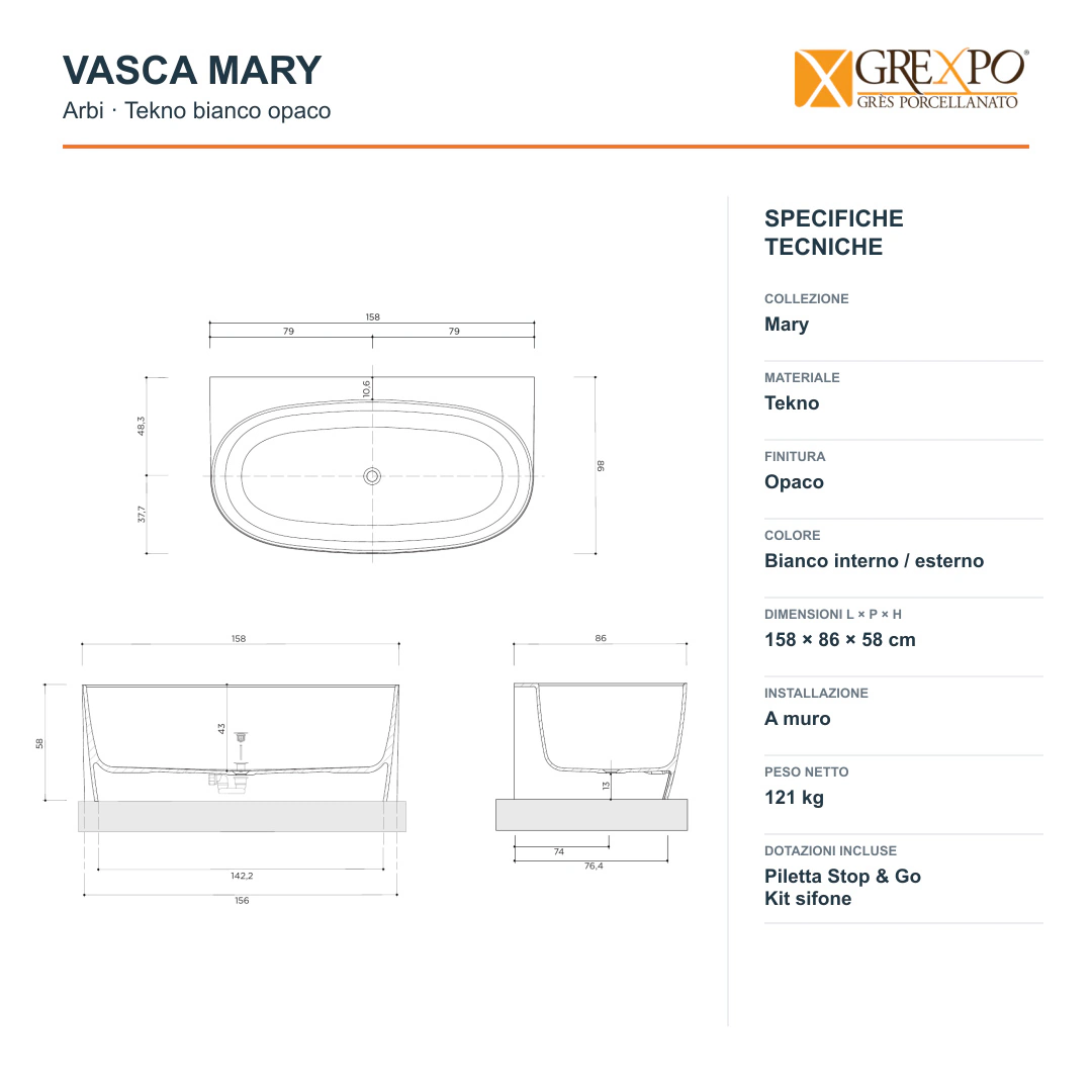 Vasca a parete Arbi Mary 158 × 86 cm in Tekno bianco opaco
