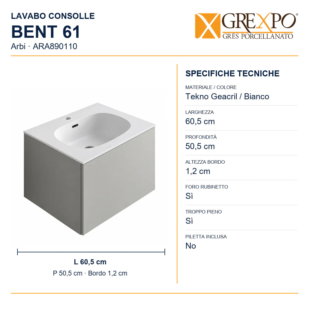 Lavabo consolle in Tekno – Arbi Bent 61 – Bianco – Con foro rubinetto - Misure