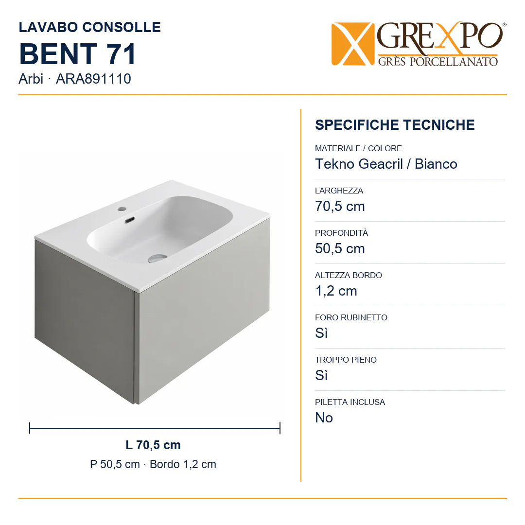 Lavabo consolle in Tekno – Arbi Bent 71 – Bianco – Con foro rubinetto - Misure