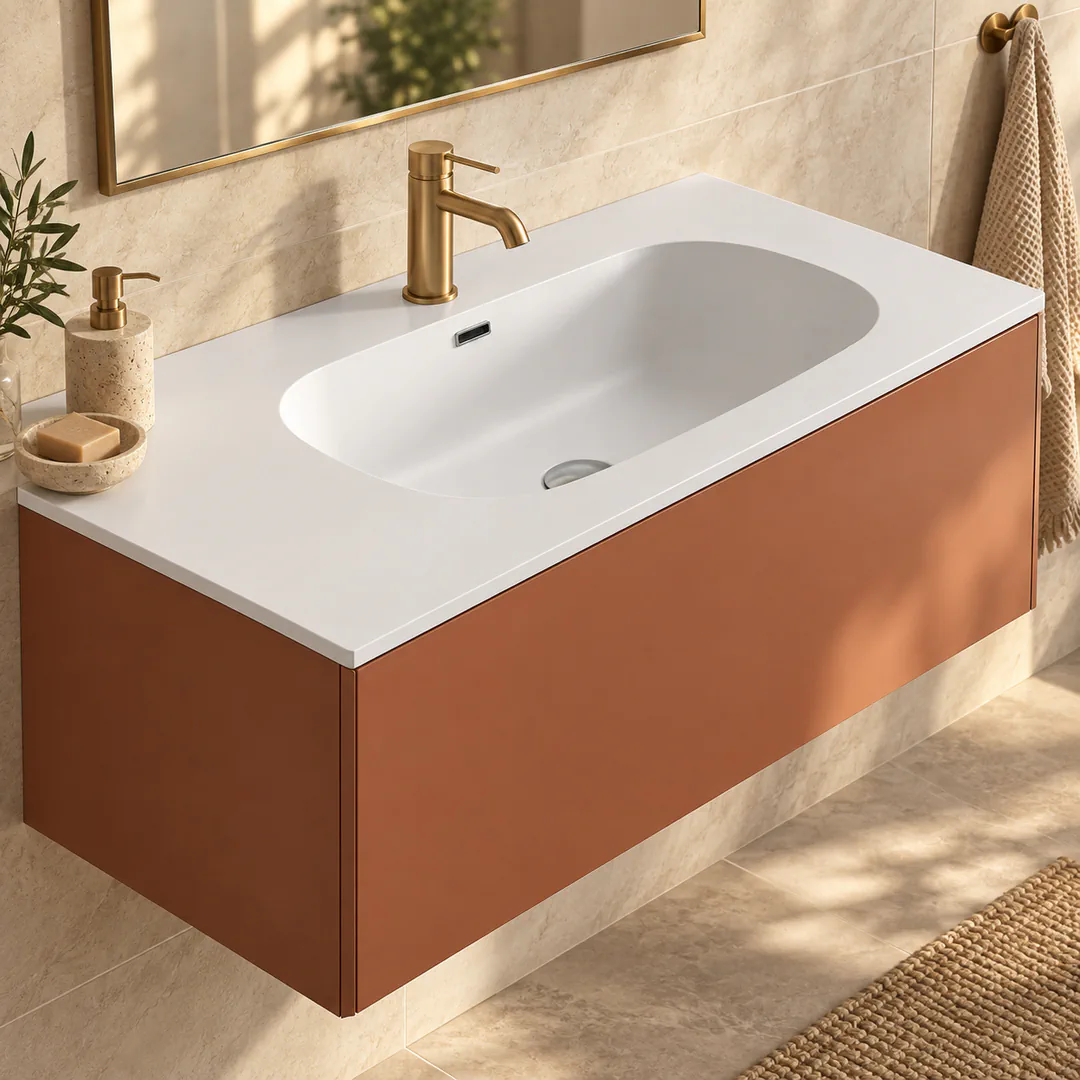 Lavabo consolle in Tekno – Arbi Bent 86 – Bianco – Con foro rubinetto - Ambientata