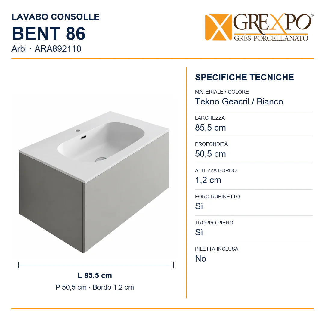 Lavabo consolle in Tekno – Arbi Bent 86 – Bianco – Con foro rubinetto - Misure