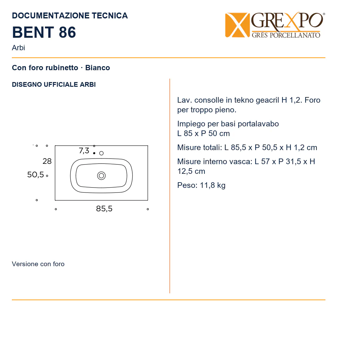 Lavabo consolle in Tekno – Arbi Bent 86 – Bianco – Con foro rubinetto - Disegno tecnico ARBI