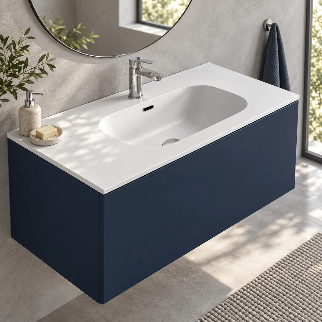 Lavabo consolle in Tekno – Arbi Bent 96 – Bianco – Con foro rubinetto - Ambientata