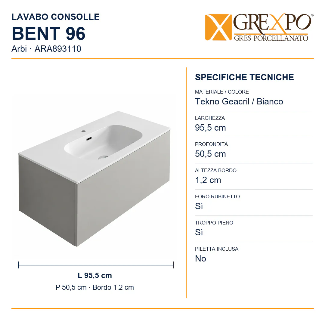 Lavabo consolle in Tekno – Arbi Bent 96 – Bianco – Con foro rubinetto - Misure