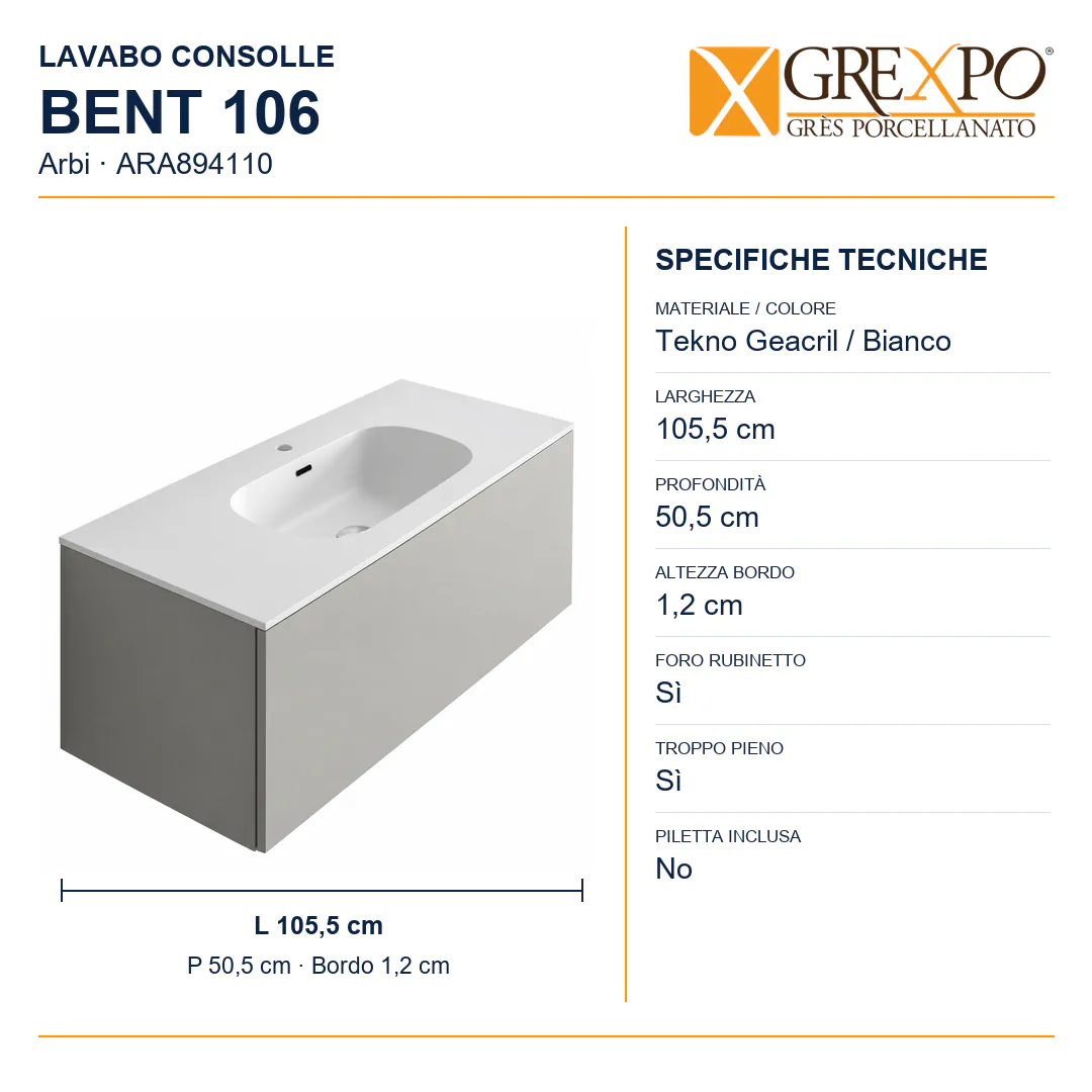 Lavabo consolle in Tekno – Arbi Bent 106 – Bianco – Con foro rubinetto - Misure