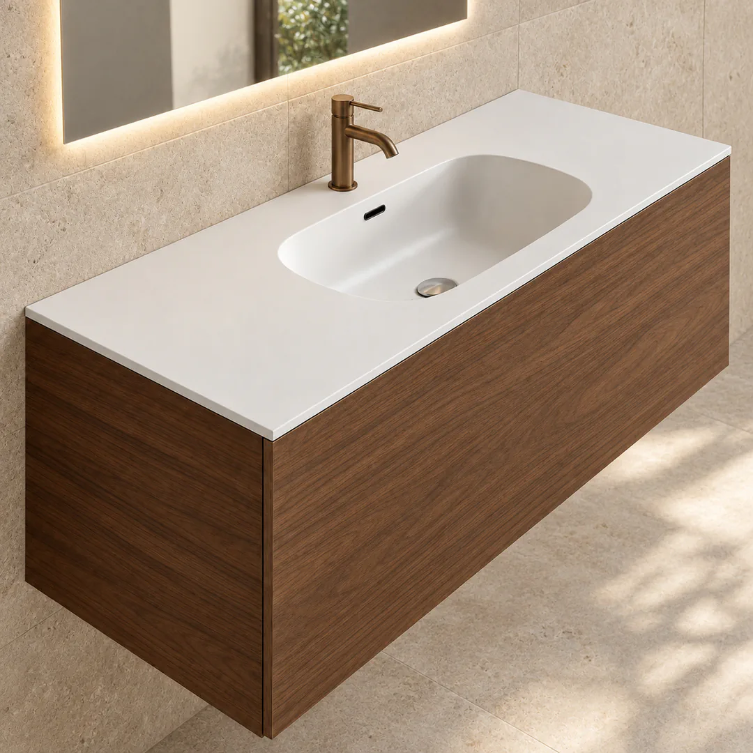 Lavabo consolle in Tekno – Arbi Bent 121 – Bianco – Con foro rubinetto - Ambientata