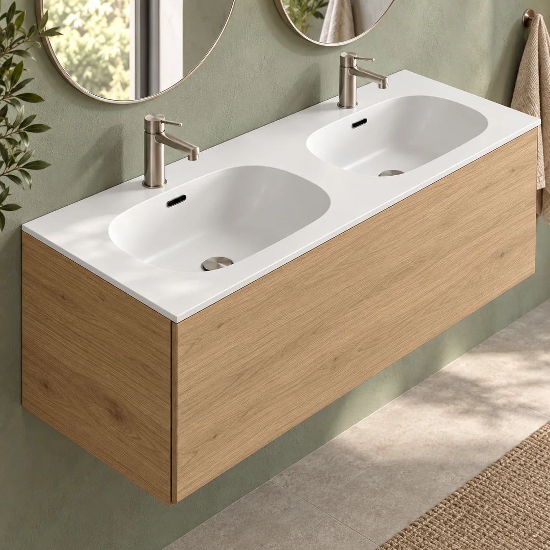 Lavabo consolle in Tekno – Arbi Bent 121 Doppio – Bianco opaco – Con foro rubinetto - Ambientata