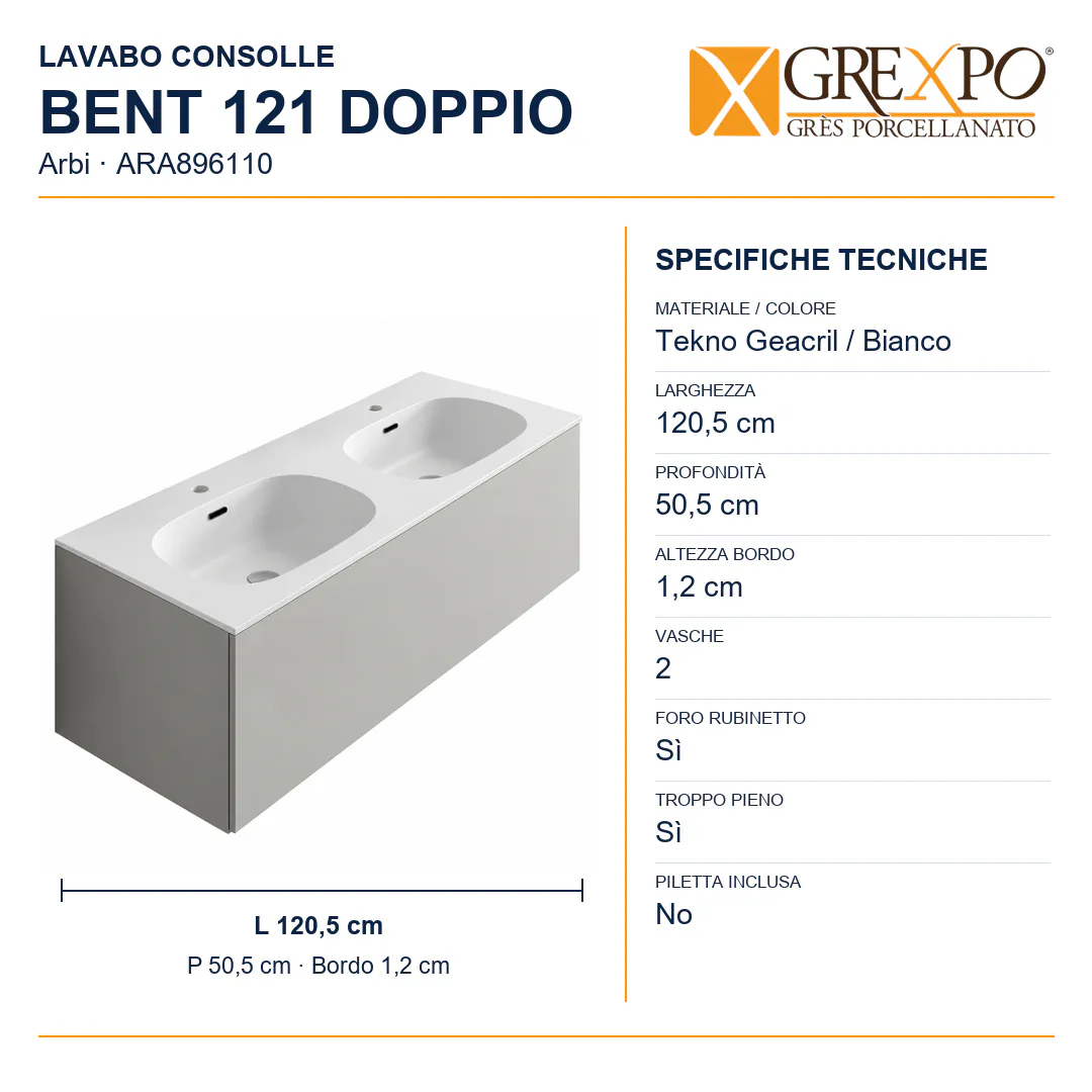 Lavabo consolle in Tekno – Arbi Bent 121 Doppio – Bianco opaco – Con foro rubinetto - Misure
