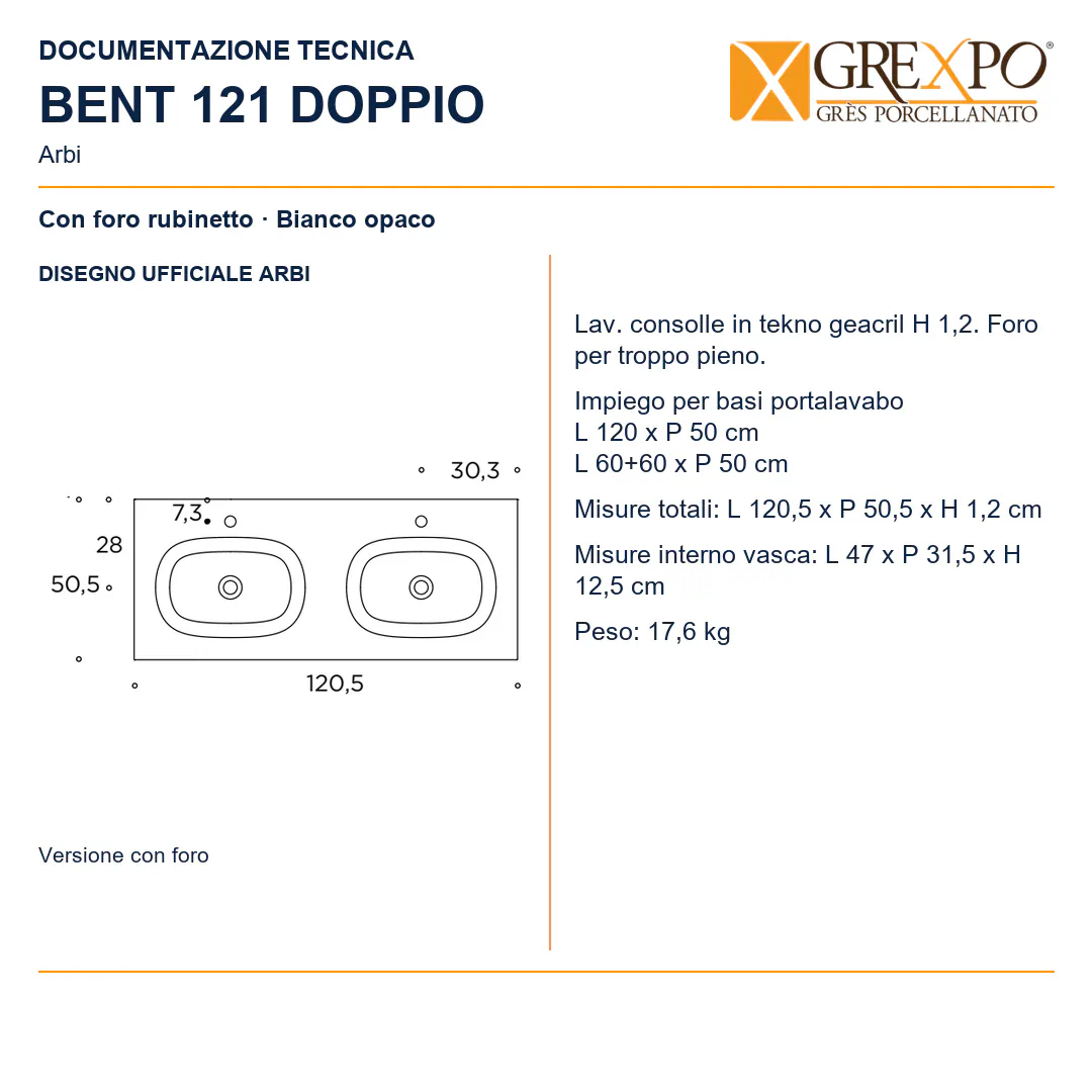 Lavabo consolle in Tekno – Arbi Bent 121 Doppio – Bianco opaco – Con foro rubinetto - Disegno tecnico ARBI