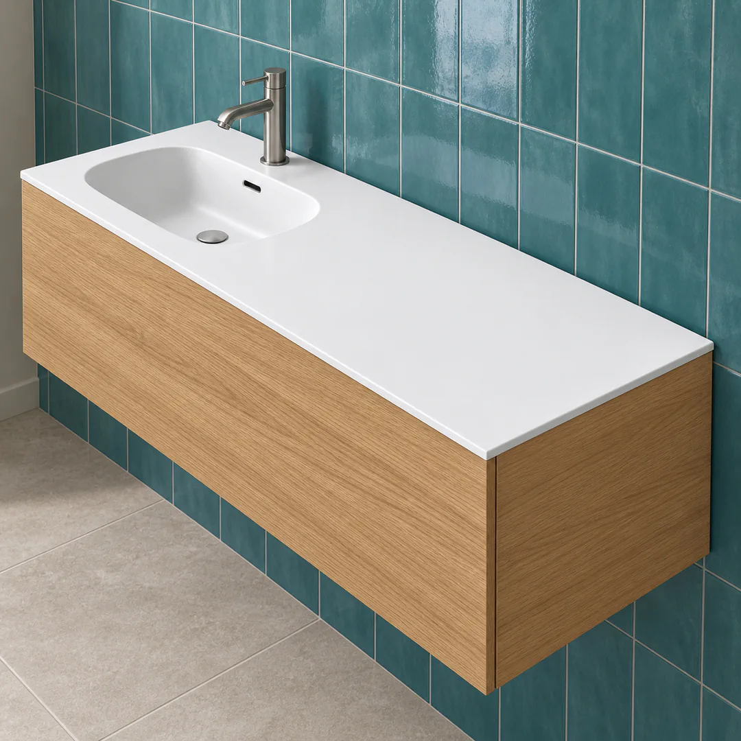 Lavabo consolle in Tekno – Arbi Bent 141 SX – Bianco opaco – Con foro rubinetto - Ambientata