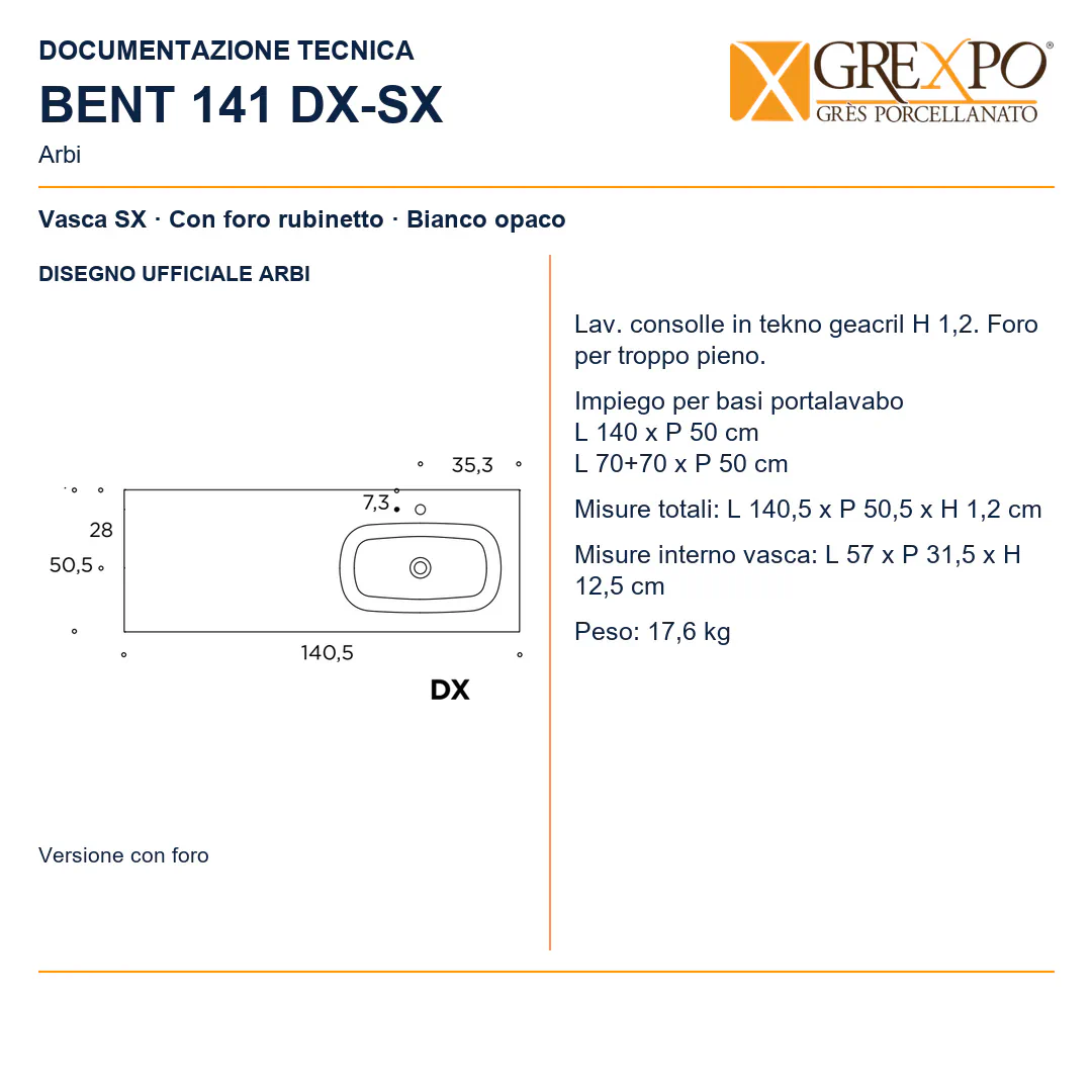 Lavabo consolle in Tekno – Arbi Bent 141 SX – Bianco opaco – Con foro rubinetto - Disegno tecnico ARBI