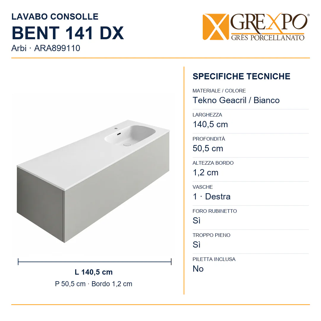 Lavabo consolle in Tekno – Arbi Bent 141 DX – Bianco opaco – Con foro rubinetto - Misure