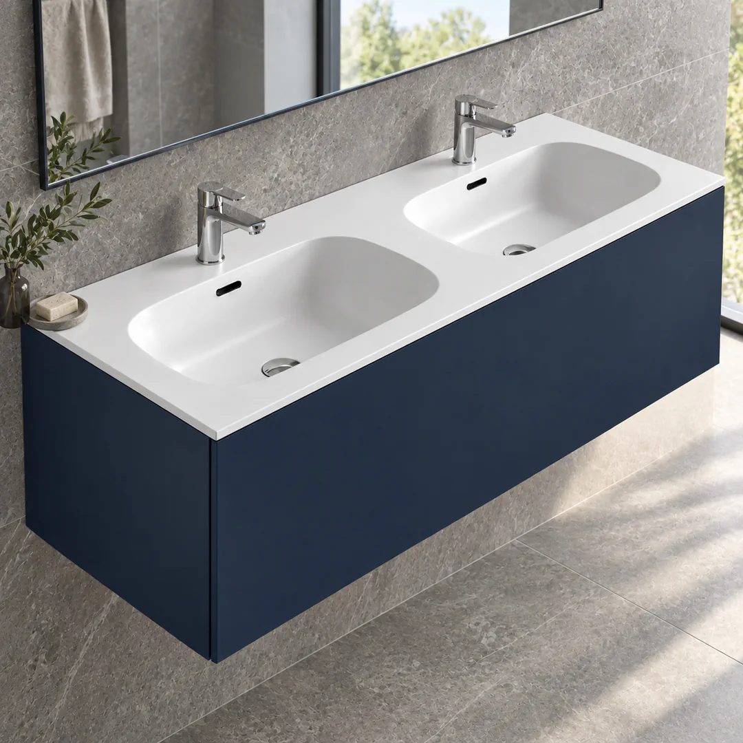Lavabo consolle in Tekno – Arbi Bent 141 Doppio – Bianco opaco – Con foro rubinetto - Ambientata