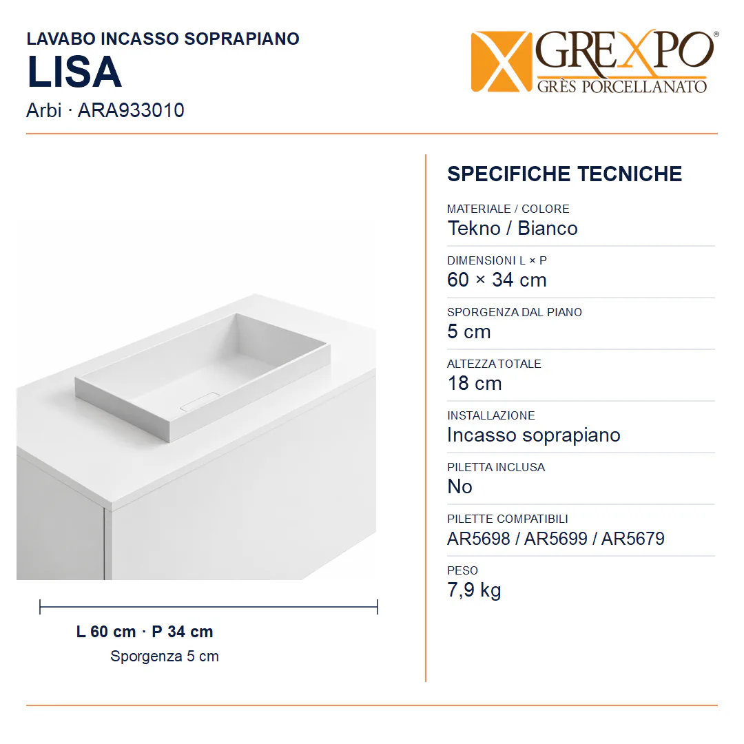 Lavabo da incasso soprapiano in Tekno – Arbi Lisa – Mineralmarmo Bianco - Misure