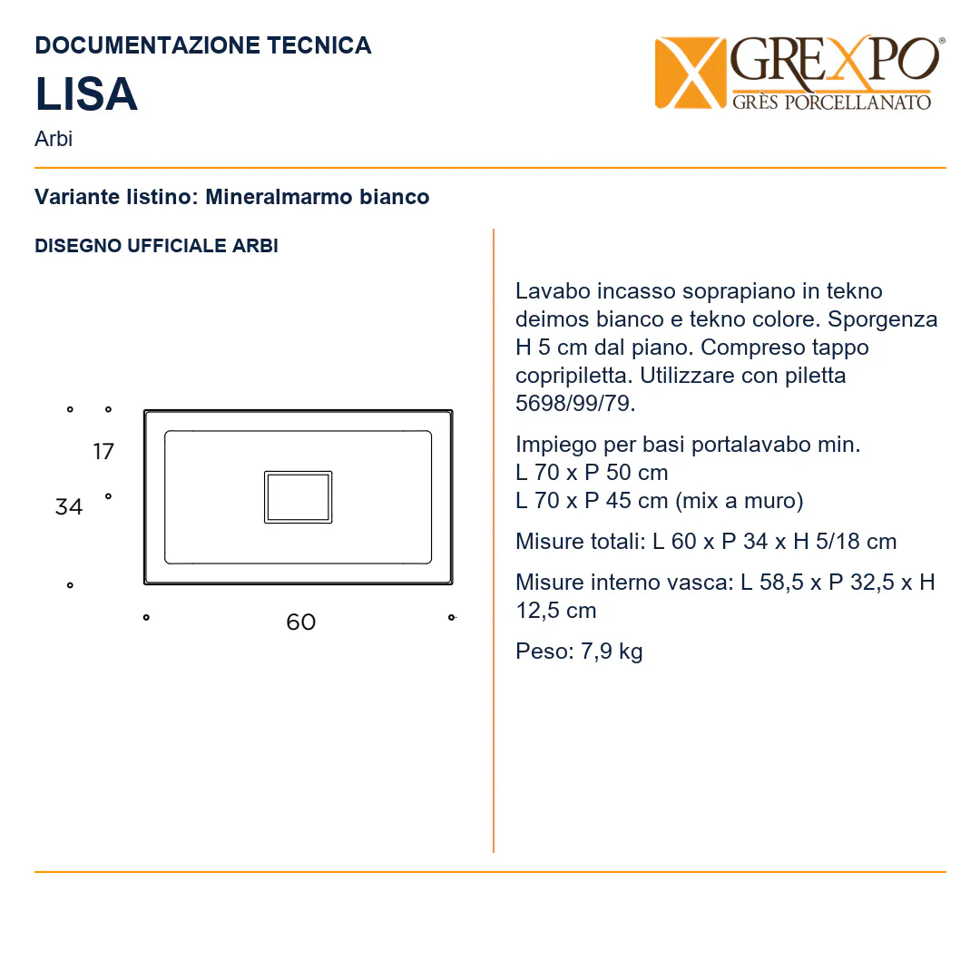 Lavabo da incasso soprapiano in Tekno – Arbi Lisa – Mineralmarmo Bianco - Disegno tecnico ARBI