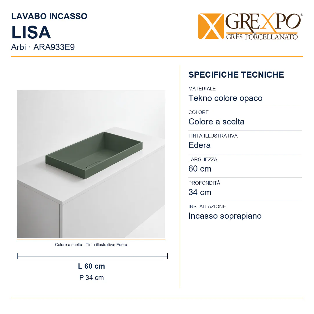 Lavabo da incasso soprapiano in Tekno – Arbi Lisa – Tekno colore opaco da scegliere in mazzetta Arbi - Misure