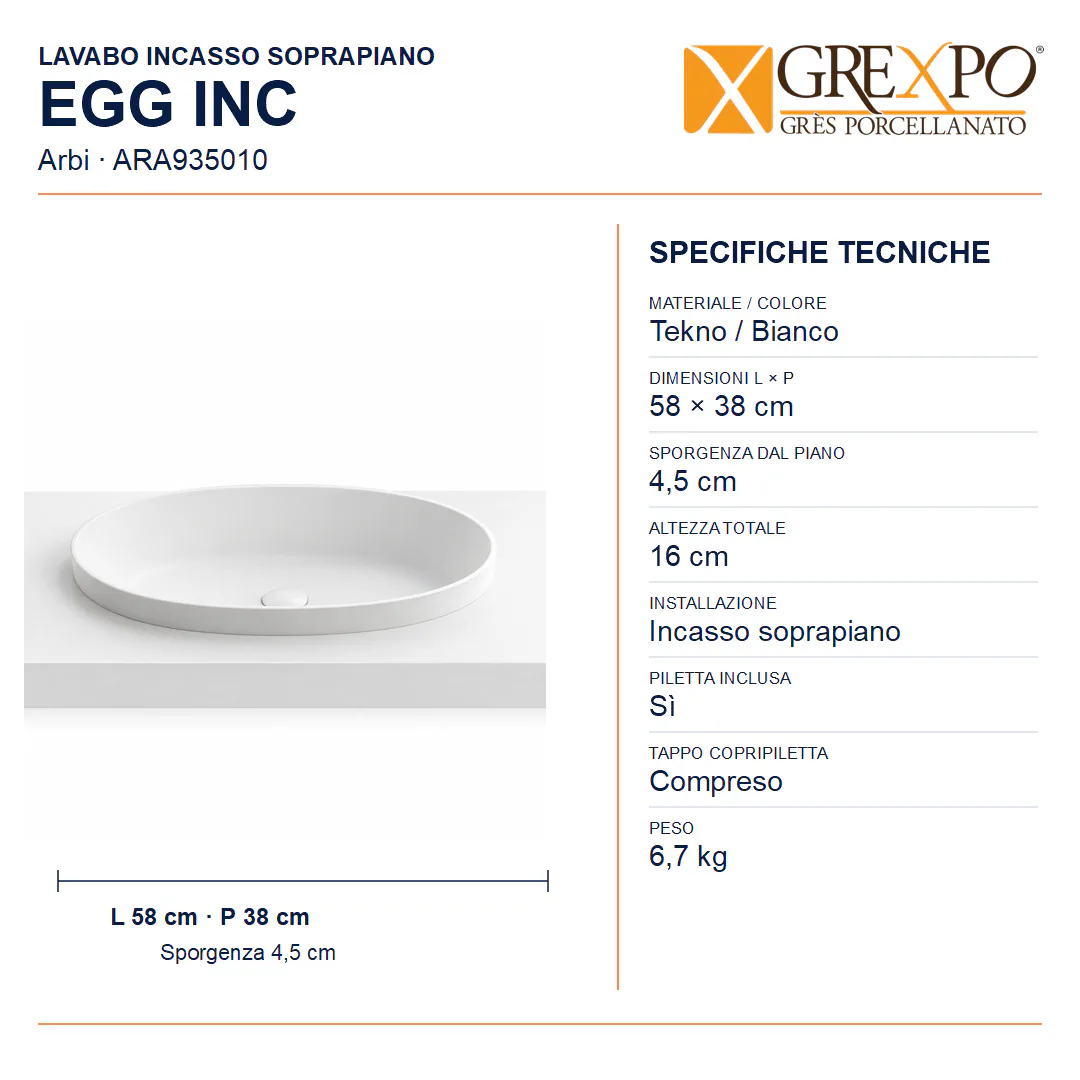 Lavabo da incasso soprapiano in Tekno – Arbi Egg Inc – Mineralmarmo Bianco - Misure