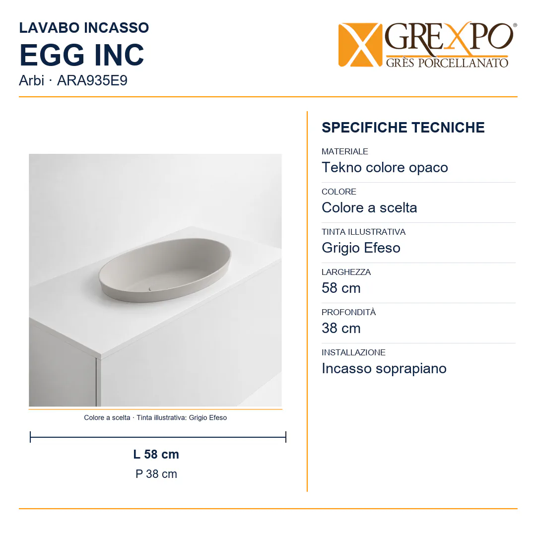 Lavabo da incasso soprapiano in Tekno – Arbi Egg Inc – Tekno colore opaco da scegliere in mazzetta Arbi - Misure