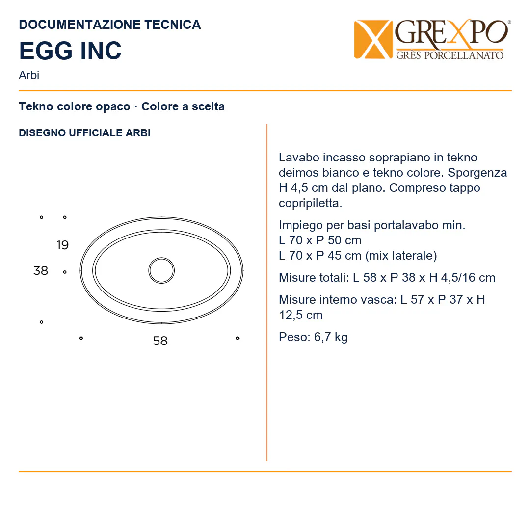 Lavabo da incasso soprapiano in Tekno – Arbi Egg Inc – Tekno colore opaco da scegliere in mazzetta Arbi - Disegno tecnico ARBI