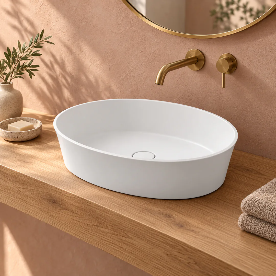 Lavabo da appoggio in Tekno – Arbi Egg – Mineralmarmo Bianco - Ambientata