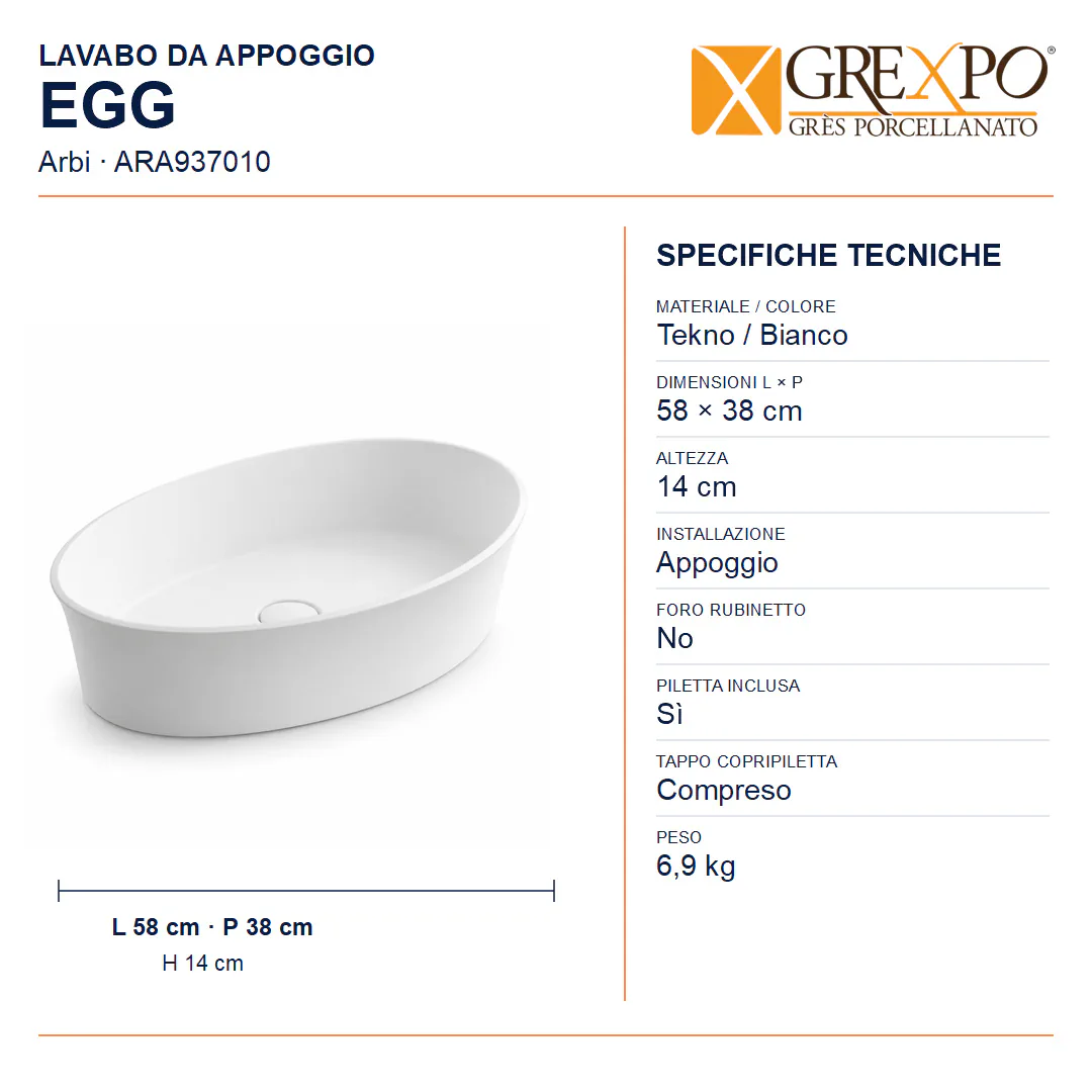 Lavabo da appoggio in Tekno – Arbi Egg – Mineralmarmo Bianco - Misure
