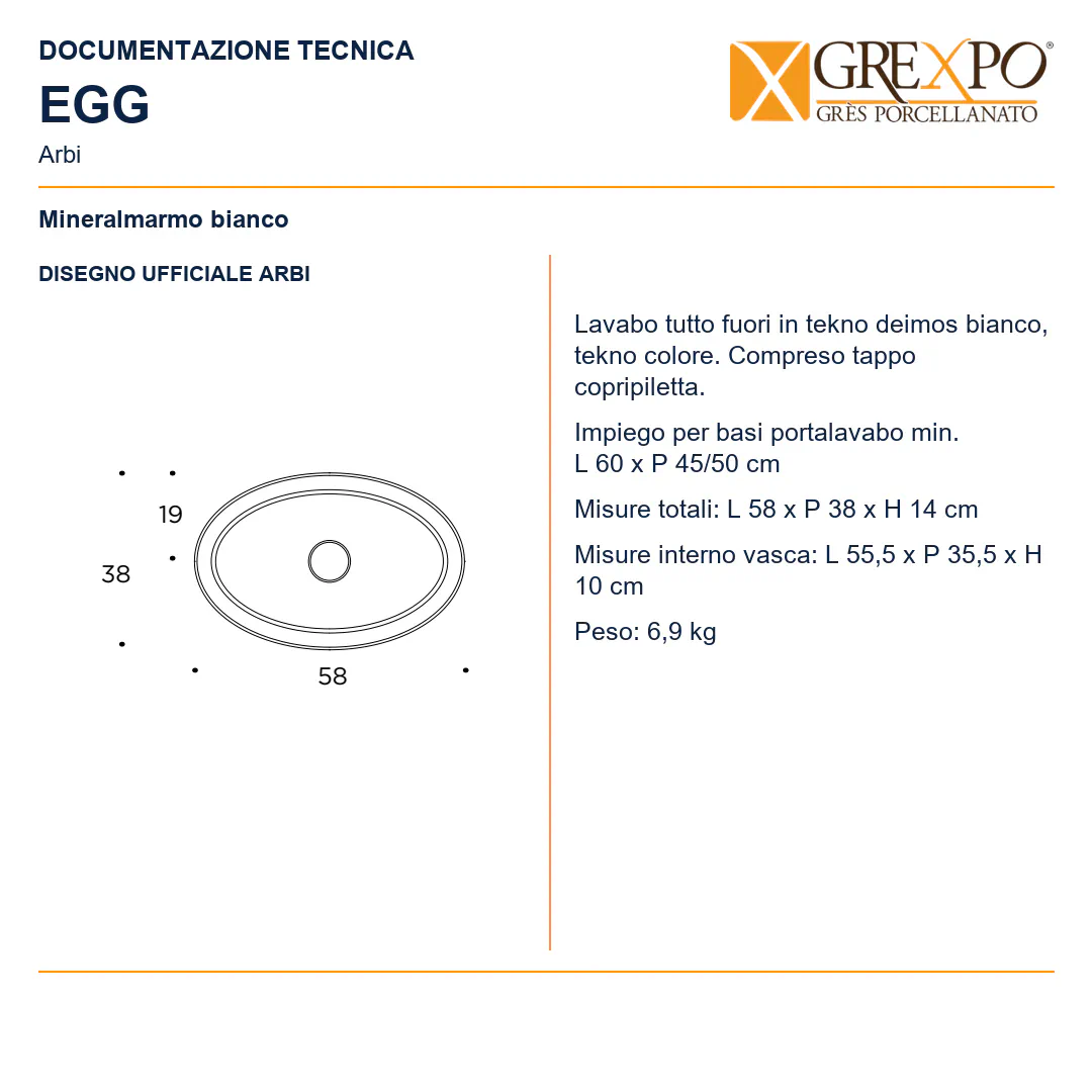 Lavabo da appoggio in Tekno – Arbi Egg – Mineralmarmo Bianco - Disegno tecnico ARBI