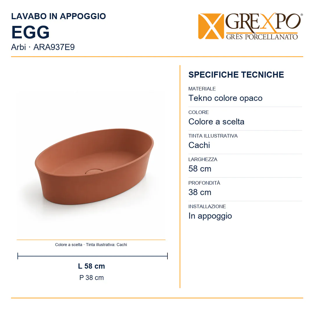 Lavabo da appoggio in Tekno – Arbi Egg – Tekno colore opaco da scegliere in mazzetta Arbi - Misure