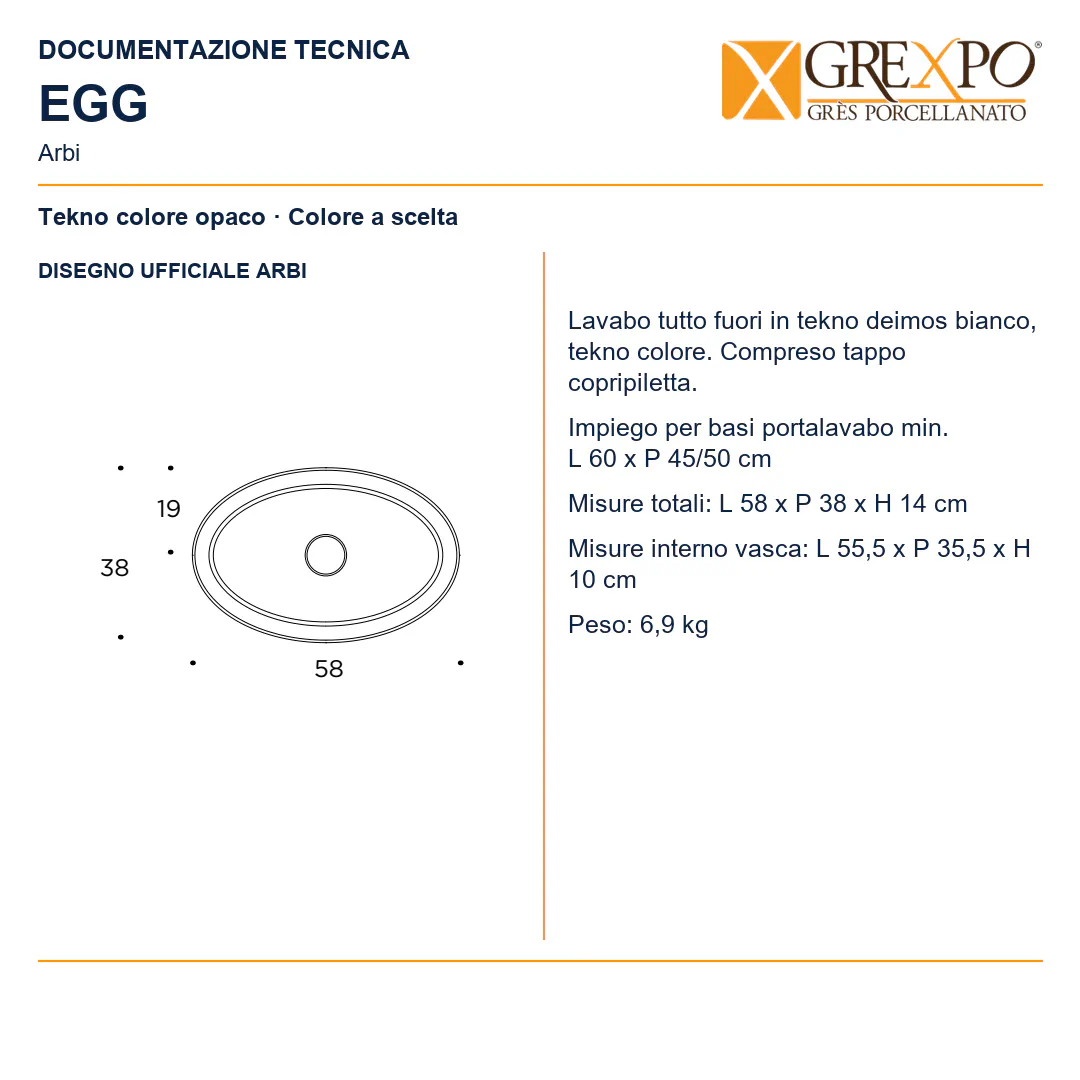 Lavabo da appoggio in Tekno – Arbi Egg – Tekno colore opaco da scegliere in mazzetta Arbi - Disegno tecnico ARBI