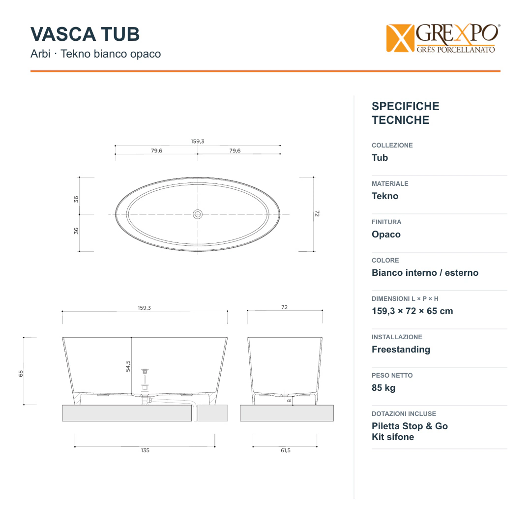 Vasca freestanding Arbi Tub 159,3 × 72 cm in Tekno bianco opaco