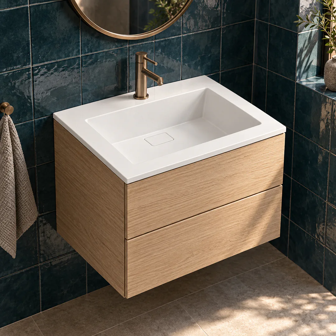 Lavabo consolle in Tekno – Arbi Juno 51 – Bianco – Con foro rubinetto - Ambientata
