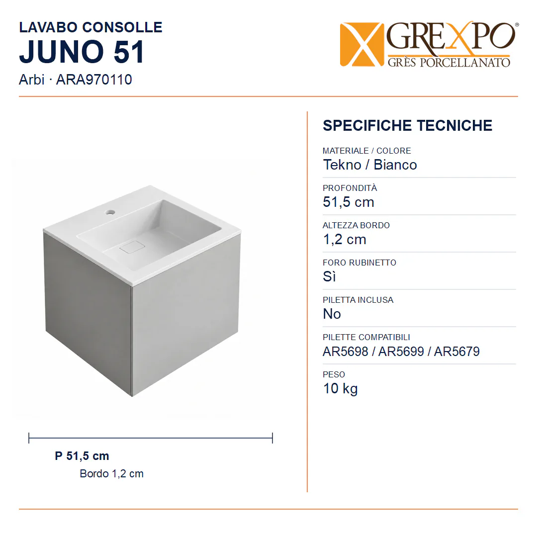 Lavabo consolle in Tekno – Arbi Juno 51 – Bianco – Con foro rubinetto - Misure