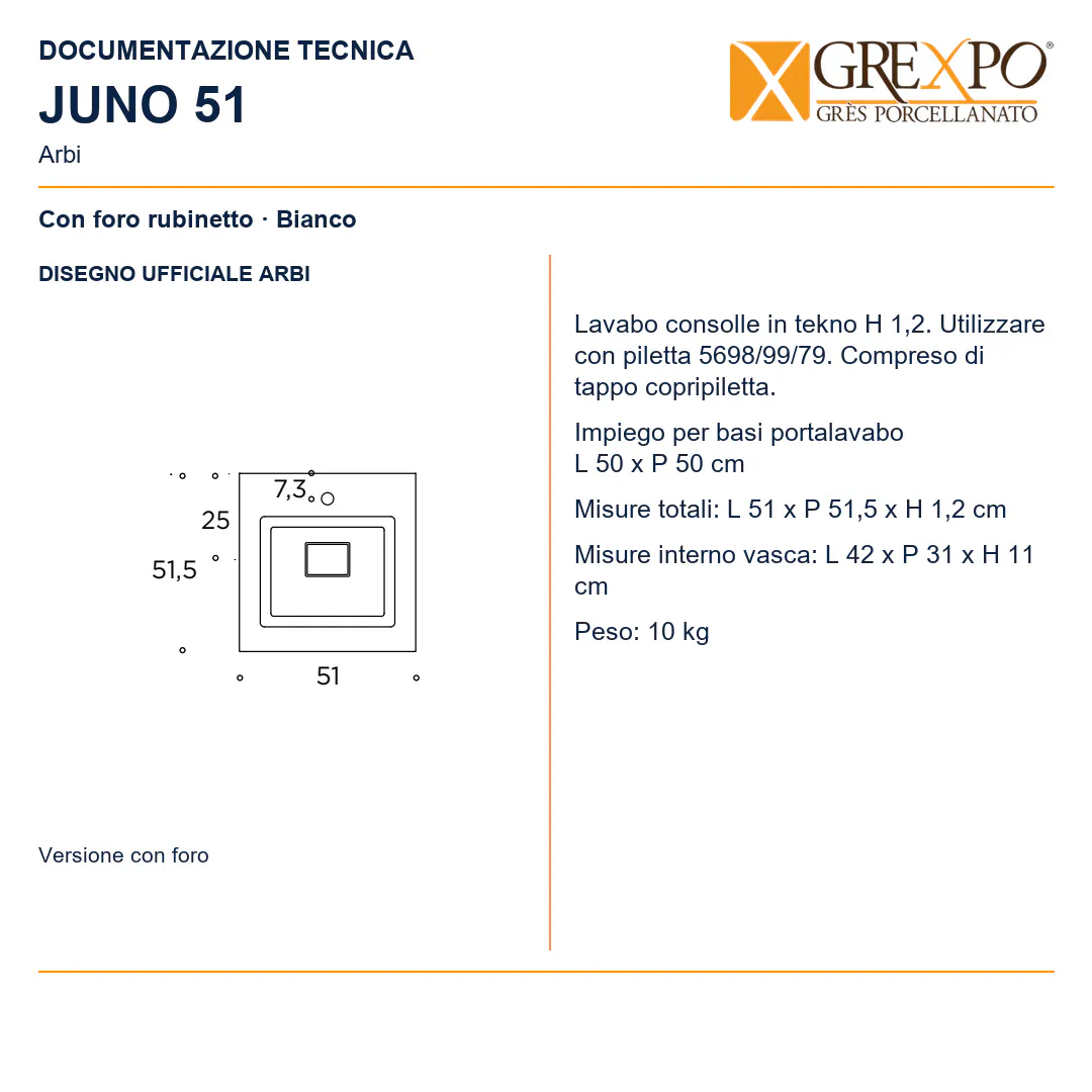 Lavabo consolle in Tekno – Arbi Juno 51 – Bianco – Con foro rubinetto - Disegno tecnico ARBI