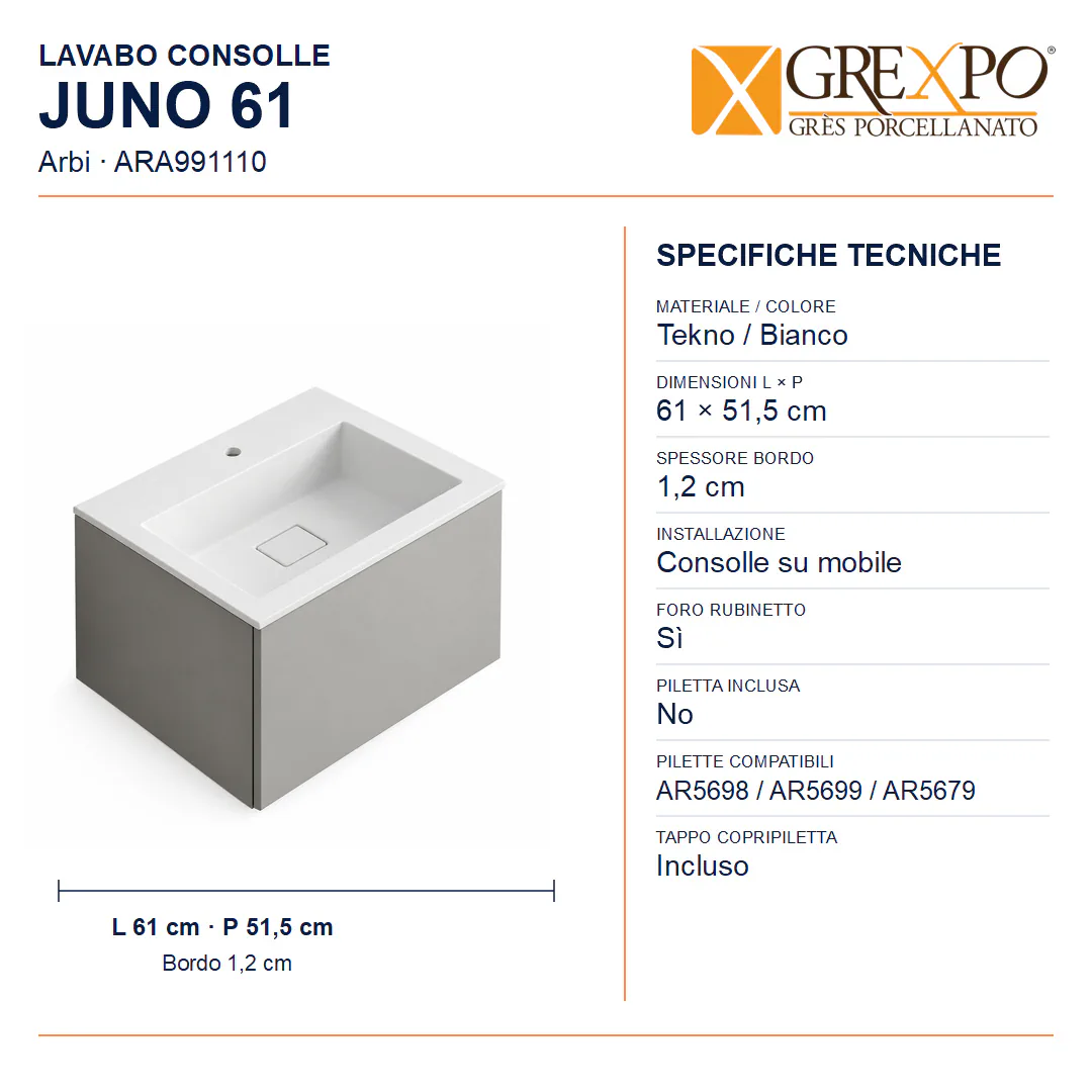 Lavabo consolle in Tekno – Arbi Juno 61 – Bianco – Con foro rubinetto - Misure