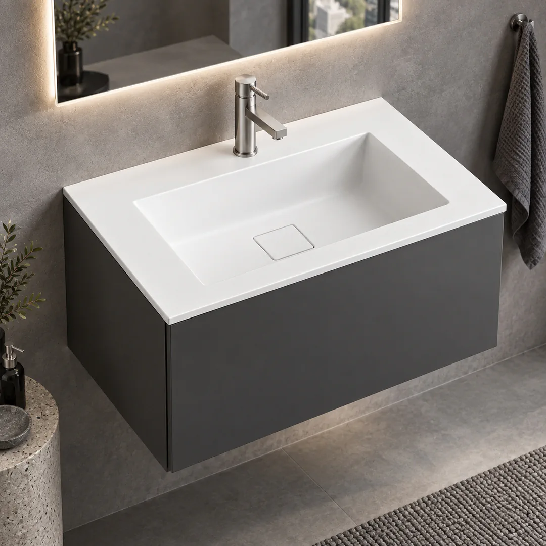 Lavabo consolle in Tekno – Arbi Juno 71 – Bianco – Con foro rubinetto - Ambientata