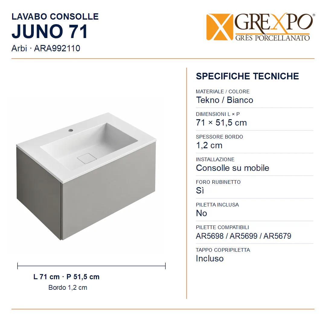 Lavabo consolle in Tekno – Arbi Juno 71 – Bianco – Con foro rubinetto - Misure