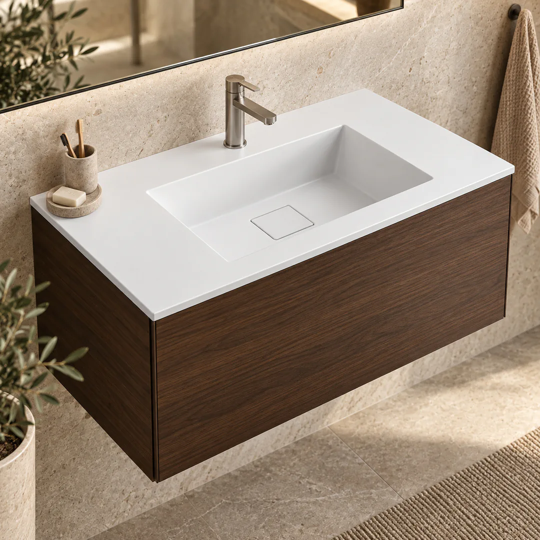 Lavabo consolle in Tekno – Arbi Juno 86 – Bianco – Con foro rubinetto - Ambientata
