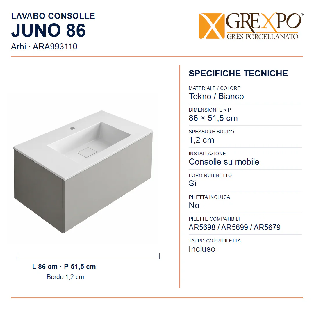 Lavabo consolle in Tekno – Arbi Juno 86 – Bianco – Con foro rubinetto - Misure