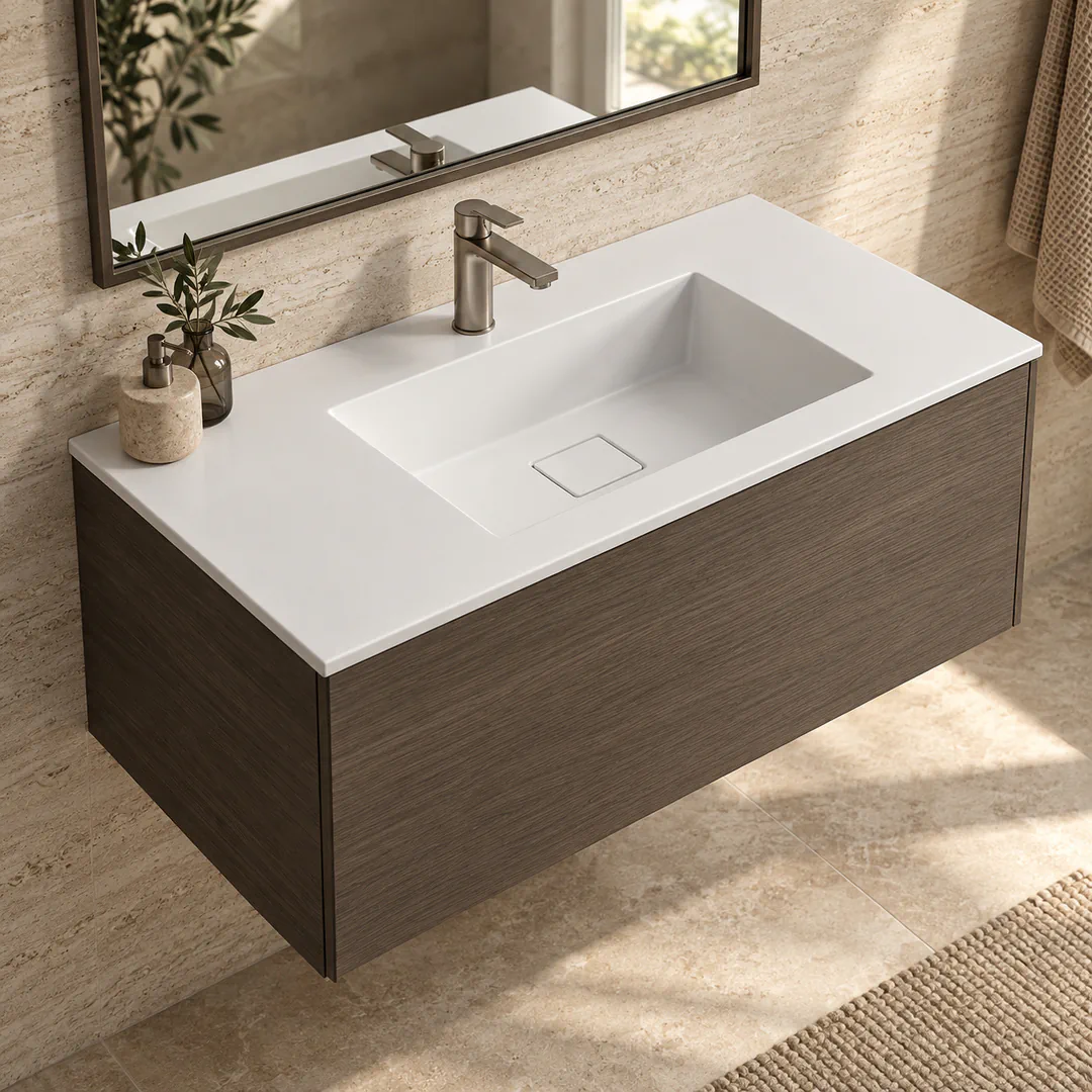 Lavabo consolle in Tekno – Arbi Juno 96 – Bianco – Con foro rubinetto - Ambientata