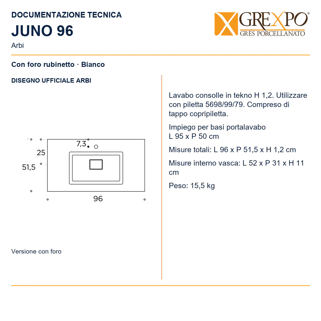 Lavabo consolle in Tekno – Arbi Juno 96 – Bianco – Con foro rubinetto - Disegno tecnico ARBI