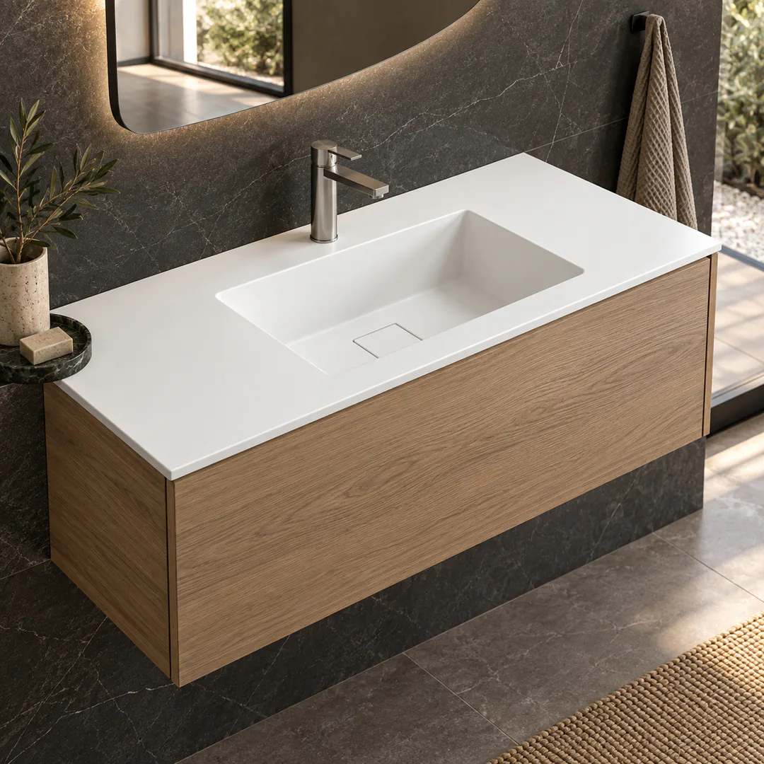 Lavabo consolle in Tekno – Arbi Juno 106 – Bianco – Con foro rubinetto - Ambientata