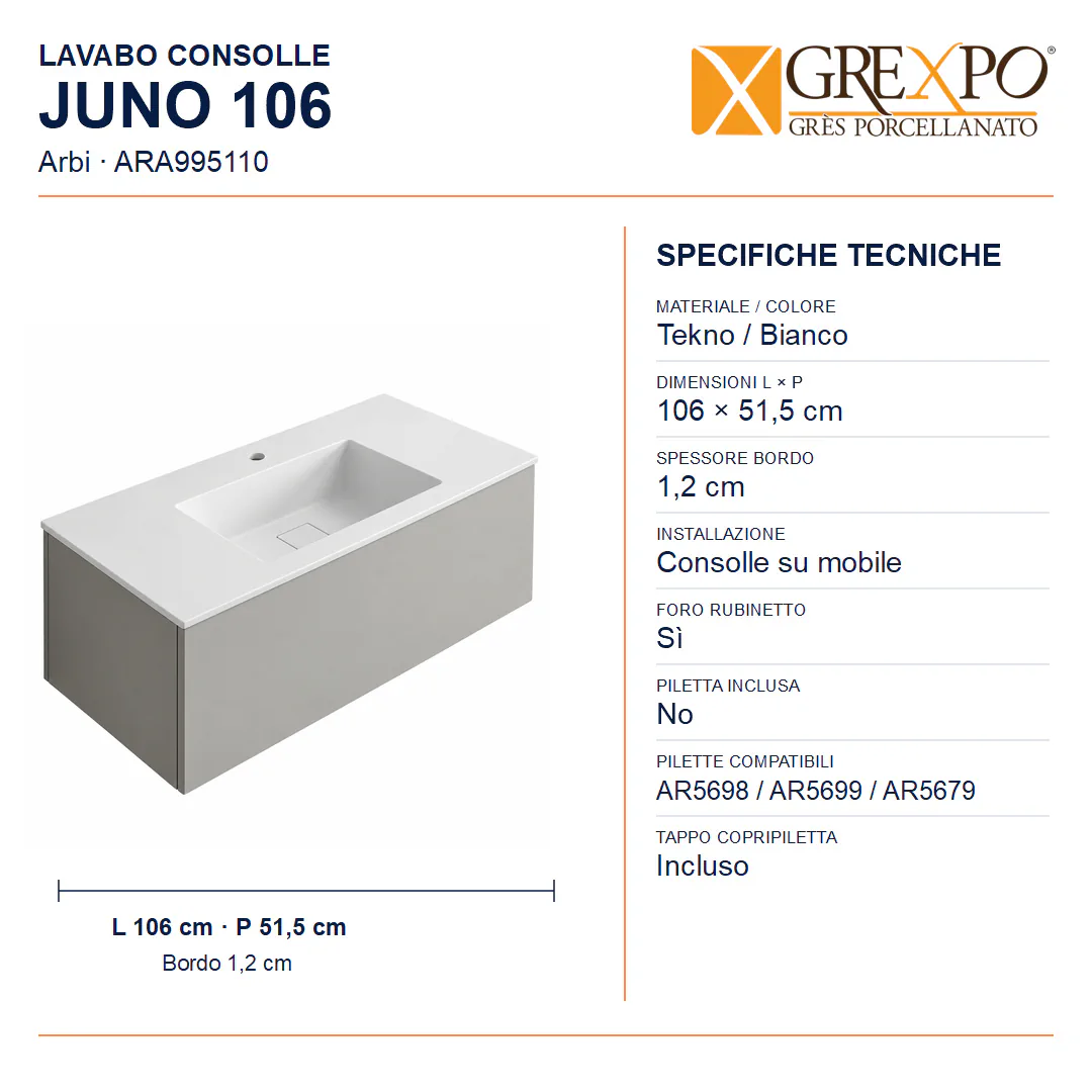 Lavabo consolle in Tekno – Arbi Juno 106 – Bianco – Con foro rubinetto - Misure
