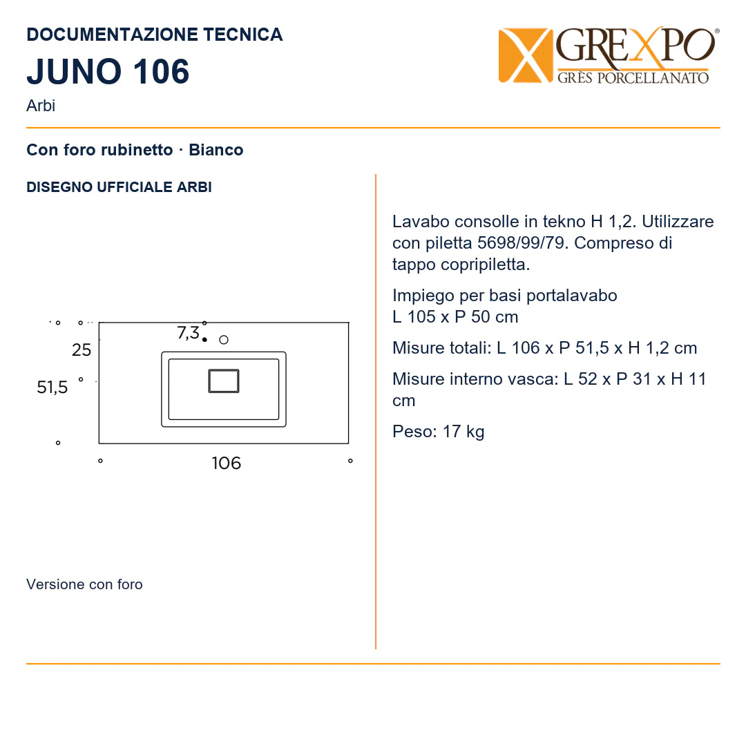 Lavabo consolle in Tekno – Arbi Juno 106 – Bianco – Con foro rubinetto - Disegno tecnico ARBI