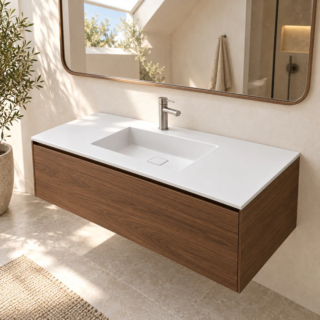 Lavabo consolle in Tekno – Arbi Juno 121 – Bianco – Con foro rubinetto - Ambientata
