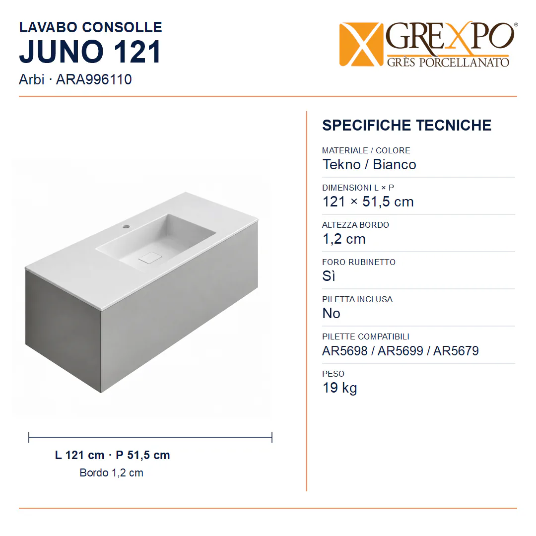 Lavabo consolle in Tekno – Arbi Juno 121 – Bianco – Con foro rubinetto - Misure