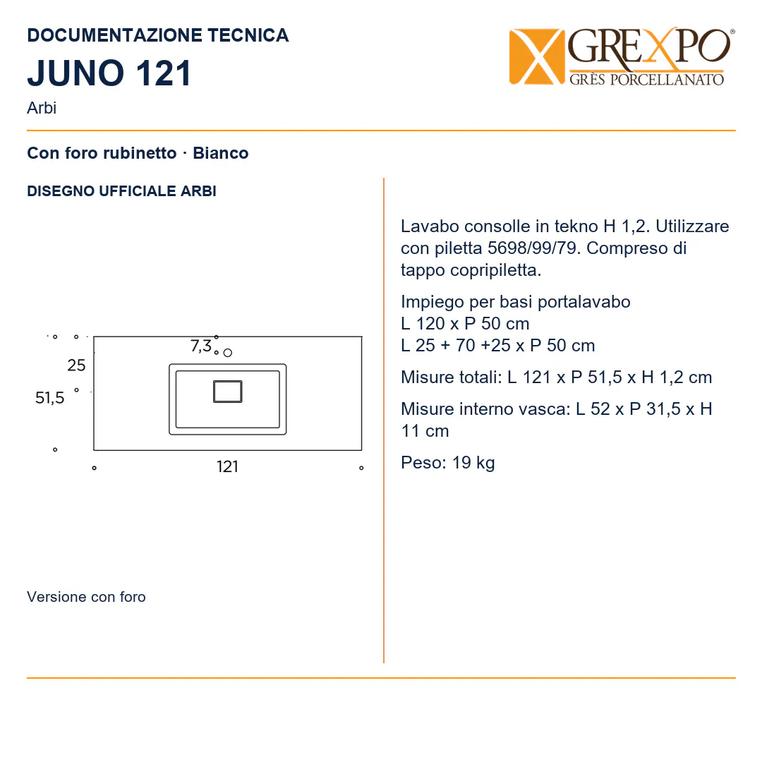 Lavabo consolle in Tekno – Arbi Juno 121 – Bianco – Con foro rubinetto - Disegno tecnico ARBI